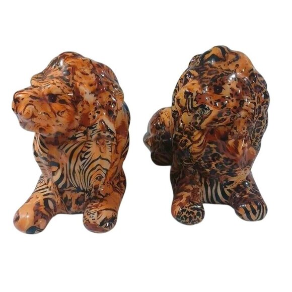 2 Lion Safari Figurine La Vie Patchwork Decoupage Home Decorative Lion King Pair - Picture 6 of 13